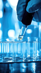 Poster - A person is pouring a liquid into a glass tube. The tube is in a row of other tubes, and the person is wearing gloves. The scene is set in a laboratory