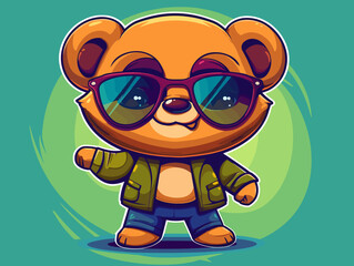 Wall Mural - A cartoon bear wearing sunglasses on a green background