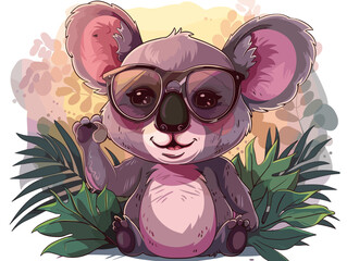 Wall Mural - A cartoon koala wearing glasses is sitting in a green bush. The koala is smiling and waving at the camera