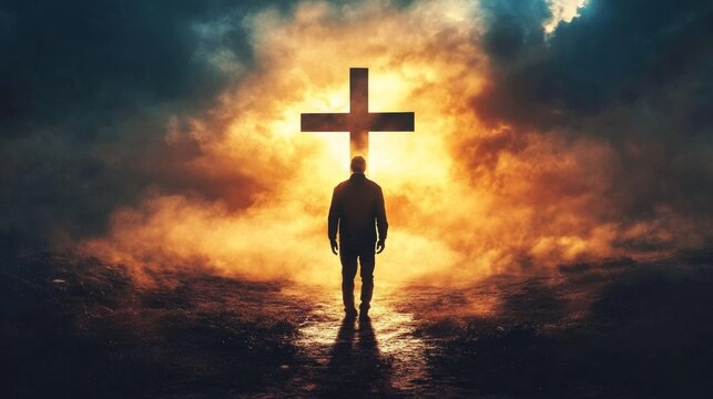 A man standing in front of a glowing cross, surrounded by dramatic clouds and light, symbolizing faith and spirituality
Man, glowing cross, dramatic clouds, faith, spirituality