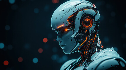 Poster - A robot with orange eyes and a white head. The robot is looking at the camera. The robot is made of metal and has a futuristic appearance