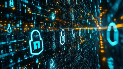 Aufkleber - Cybersecurity matrix with floating code locks and shield icons on a dark digital background with green and blue tech tones Large space for text in center Stock photo with copy space