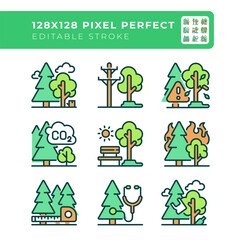 Sticker - Forest related RGB color icons set. Environmental conservation. Tree care. Reforestation. Forest risks. Isolated vector illustrations. Simple filled line drawings collection. Editable stroke