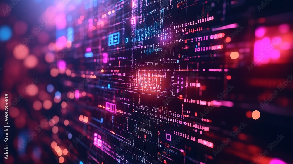 Glowing binary code streams flowing in a digital pattern across a dark ...