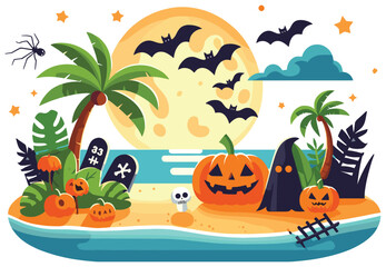 Halloween beach scene with pumpkins and bats, vector illustration, festive greeting card