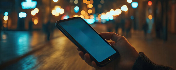 Poster - A person is holding a cell phone in a dark city street. The phone is turned off and the screen is black