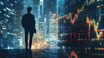 Poster - A Silhouetted Businessman Stands Before a Digital Display of a City Skyline and Stock Market Data