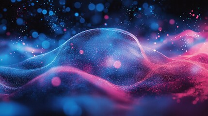 Aufkleber - Abstract flowing particles and energy waves representing data and quantum computing futuristic technology with glowing orbs symbolizing qubits Large space for text in center Stock photo with copy