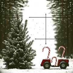 Wall Mural - Christmas Tree and Candy Cane Car in Winter Wonderland