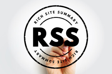 Poster - RSS Rich Site Summary - web feed that allows users and applications to access updates to websites in a standardized, computer-readable format, acronym text stamp concept background