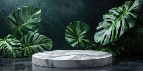 Aufkleber - Natural leaf against a dark background featuring a white marble podium mockup empty platform for product display and presentation 3D rendering