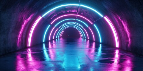 Canvas Print - Futuristic neon lit stage with glowing laser lights in a dark vibrant setting featuring blue purple and pink hues set within a reflective concrete tunnel 3D rendering