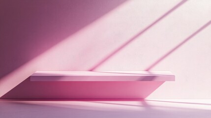 Poster - Minimal pink display shelf against a pastel pink wall background creating a shadow effect in a conceptual 3D rendering