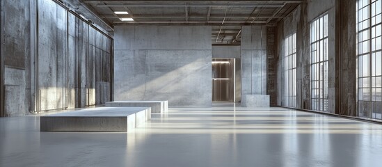 Poster - Industrial loft style showroom with podiums and concrete hall backdrop featuring a cement wall and warehouse architecture showcased in a 3D illustration