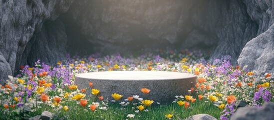 Aufkleber - Abstract 3D rendered spring scene featuring a stone podium surrounded by a vibrant field of wildflowers set within a cave ideal for product display or mockup purposes