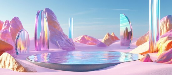 Poster - Surreal landscape rendered in 3D featuring a circular podium surrounded by water and vibrant sand The backdrop includes abstract glass and mirror shapes and objects creating a futuristic fantasy sc