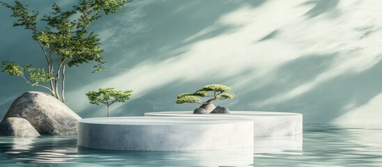 Poster - Cylindrical concrete podium for product display on rippled water featuring a sea green background Adorned with bonsai trees and rocks with shadows of leaves illuminated by morning light 3D renderi