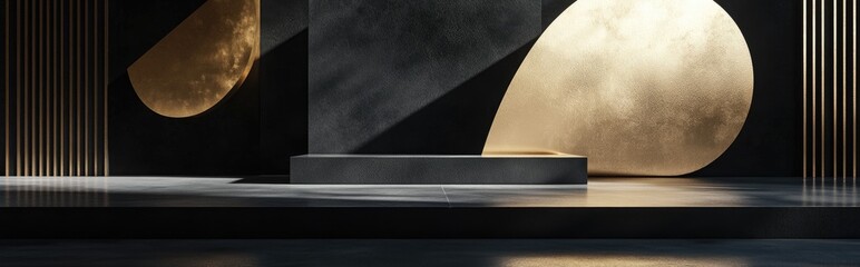 Poster - Minimalist black and gold empty display featuring abstract geometric shapes Side perspective view 3D rendering mockup