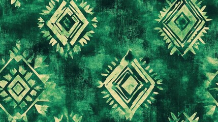 Green Seamless Print Tile with Mayan Pattern Tropical Repeat in Green Tie Dye Grunge Ethnic Geometry Brush Painted Decorative Art Background with Brushstrokes