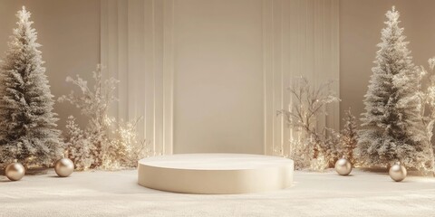 Aufkleber - Christmas backgrounds featuring a podium stage in a minimal New Year event theme A festive scene suitable for product display mock up banners with an empty pedestal decor set in a winter setting 3D