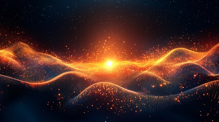 Aufkleber - Quantum computing particle waves and glowing qubits in a dynamic abstract visualization representing advanced technology and future data systems Large space for text in center Stock photo with copy