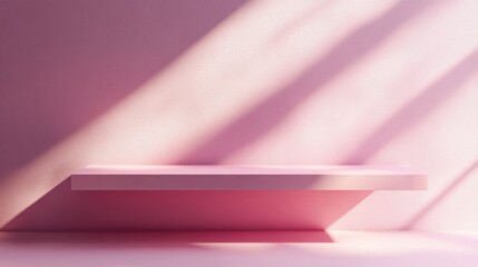 Poster - Minimal pink display shelf against a pastel pink wall background creating a shadow effect in a conceptual 3D rendering
