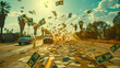 © Alina Tymofieieva - A scene of money raining down from the sky, with cars and a house in the background. Scene is chaotic and overwhelming, as the money seems to be falling from the sky in a haphazard manner