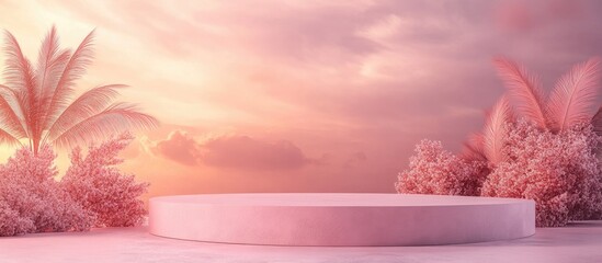 Wall Mural - Product display presentation with a pink evening sky backdrop featuring a rosy stage that enhances visual appeal through soft lighting 3D rendering of a product showcasing background