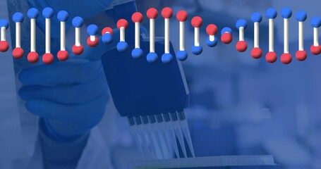 Poster - Animation of dna strand scientific data processing over scientist in laboratory