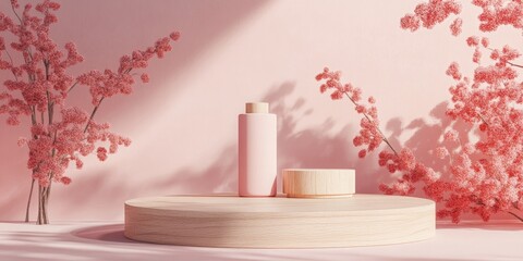 Poster - Wooden display stand for products on a pink backdrop 3D rendering