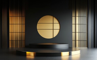 Poster - Abstract podium background featuring geometric shapes in black and gold Minimalist 3D rendering suitable for product display with a geometric backdrop