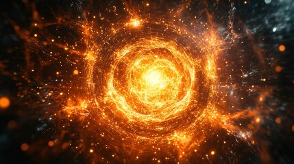 Aufkleber - Quantum computing abstract with glowing qubits and dynamic particle waves representing advanced science and high-tech computing Large space for text in center Stock photo with copy space