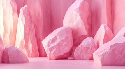 Poster - Abstract pink geometric background with stone and rock shapes minimalist mockup for display or showcase 3D rendering