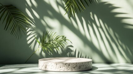 Poster - Terrazzo podium featuring shadows of tropical palm leaves ideal for cosmetic product display 3D rendering illustration