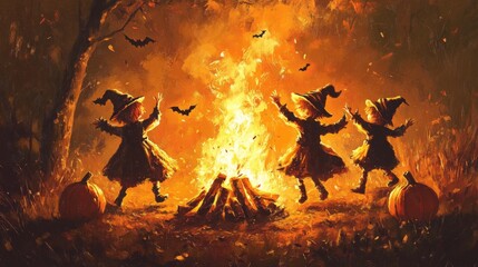  Three Witches Dancing Around a Bonfire on Halloween Night
