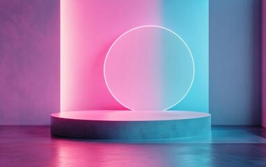 Fototapete - Abstract geometric shape in pastel pink and blue tones featuring a minimalistic modern style wall background ideal for booth podium stage display table mock up composition in 3D rendering