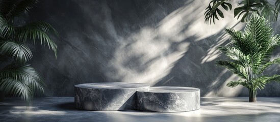 Poster - Product showcase pedestal featuring a marble backdrop and shadowy foliage 3D rendering of the podium design