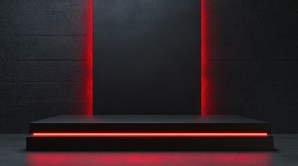 Poster - Black podium display with red light emission against a dark background 3D rendering