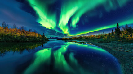 The Aurora borealis dances across the sky casting green and purple rays of light, illuminating a natural landscape covered with reflections on the lake