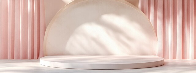 Poster - Showcase podium and stand on a soft pastel background for high end products 3D rendering Studio setting featuring geometric shapes and an arch serving as an architectural backdrop for product adve