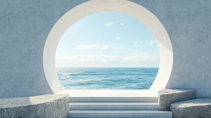 Poster - Round opening with ocean views Terrazzo stone sculpture Unoccupied platform for mockup design Bright summer advertising composition 3D rendered illustration