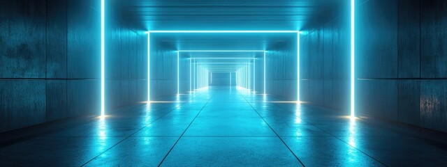 Poster - Abstract futuristic empty room with a sci fi corridor illuminated for showcasing and product display Modern technology inspired cement floor and wall interior concept 3D render