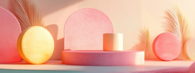 Poster - Abstract pastel colored mockup scene featuring geometric shapes and a podium background for product display 3D rendering