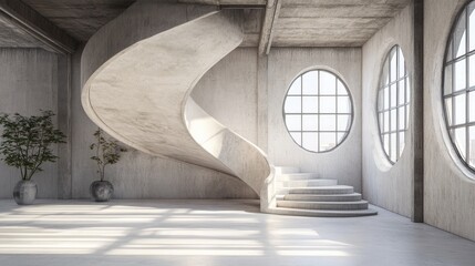 Poster - Interior architectural background featuring curved stairs and round windows in an industrial style loft 3D render