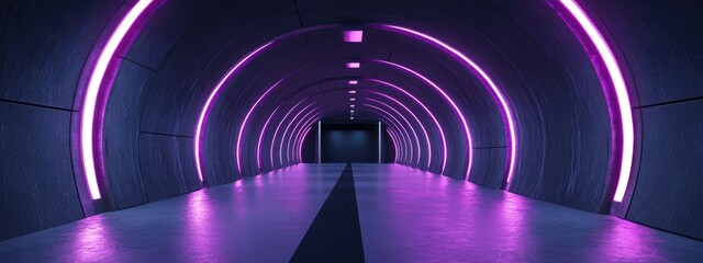 Poster - Futuristic interior scene featuring glowing purple lamps in a gray tunnel 3D rendering