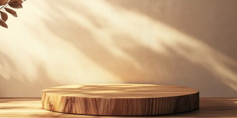 Fototapete - Abstract 3D product display with a rustic wooden podium and a light colored background 3D rendering illustration