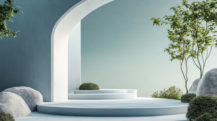Poster - Abstract landscape featuring a podium designed for product presentation 3D rendering