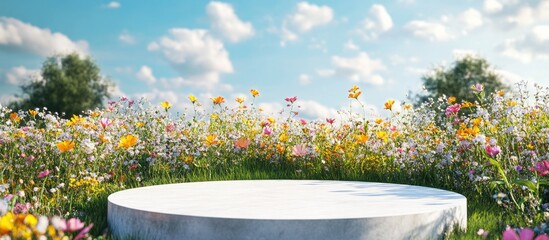 Aufkleber - Abstract 3D render of a spring scene featuring a natural podium background with a white stone podium set against a vibrant field of flowers and grass ideal for product display and advertising