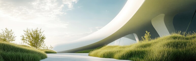 Poster - Abstract architectural background featuring a white curved structure alongside grassy landscaping rendered in 3D