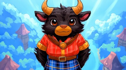 Sticker - Friendly Black Bull Cartoon Character Standing In Front of Blue Sky Background